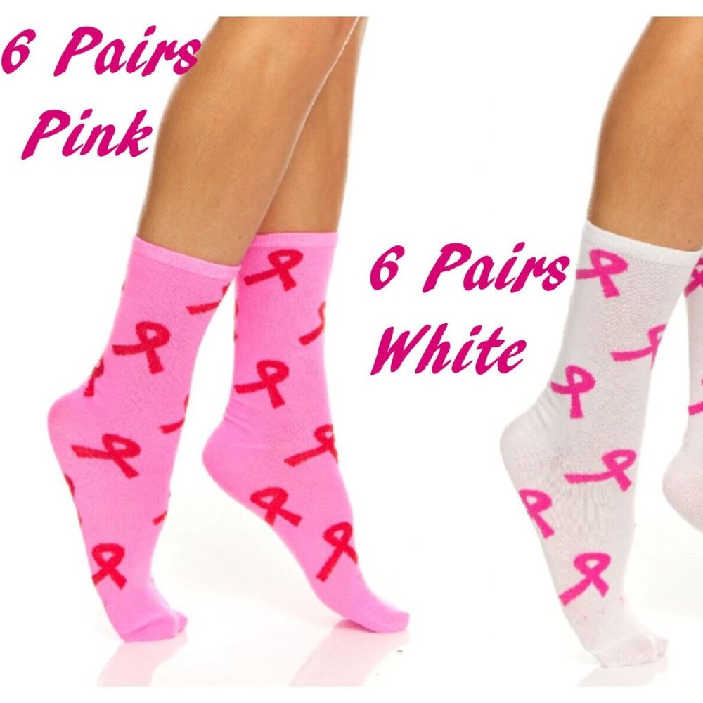 12 Pair Lot Womens Pink Ribbon Breast Cancer Awareness Crew Socks Shoe Size 4-10